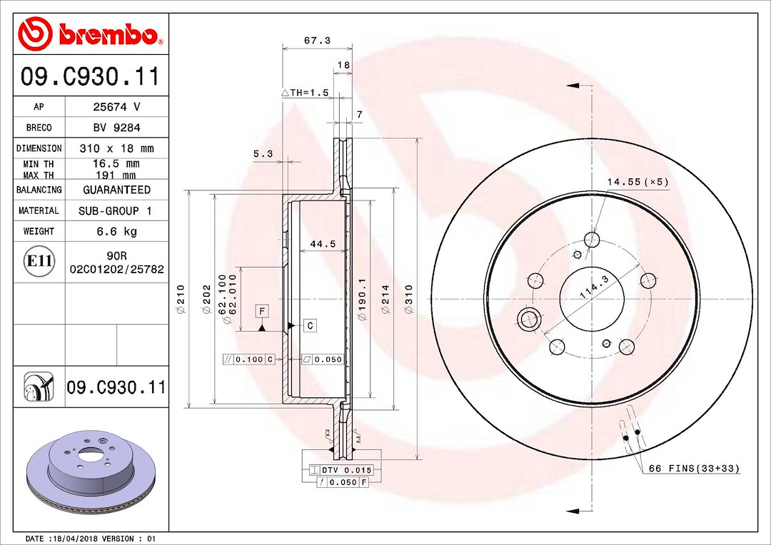 Brembo Brake Rotor, Vented, One Piece Design, Wheel Bolt Pattern 5 X 114.3 Millimeter – 09C93011C02