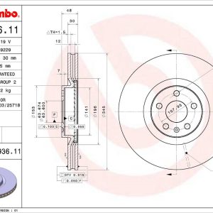 Brembo Brake Rotor, Vented, One Piece Design, Wheel Bolt Pattern 5 X 107.95 Millimeter – 09C93611C02