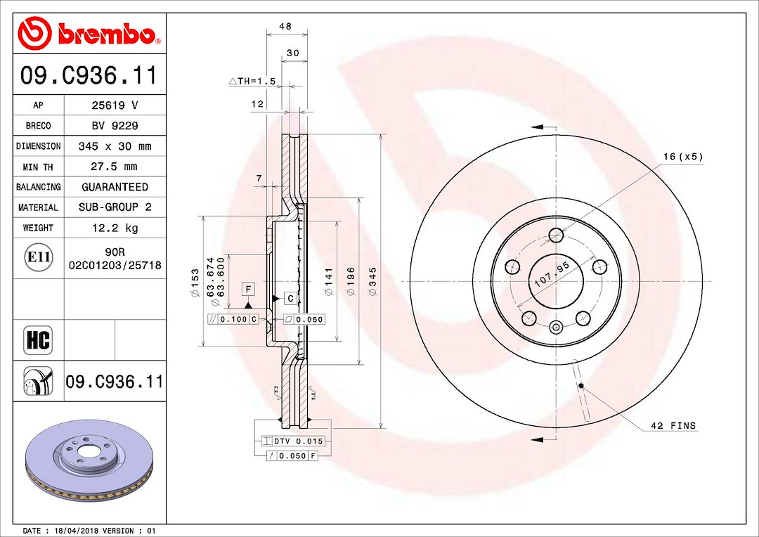 Brembo Brake Rotor, Vented, One Piece Design, Wheel Bolt Pattern 5 X 107.95 Millimeter – 09C93611C02