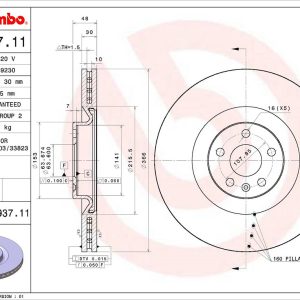 Brembo Brake Rotor, Vented, One Piece Design, Wheel Bolt Pattern 5 X 107.95 Millimeter – 09C93711C02