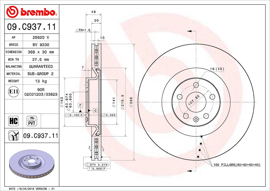 Brembo Brake Rotor, Vented, One Piece Design, Wheel Bolt Pattern 5 X 107.95 Millimeter – 09C93711C02