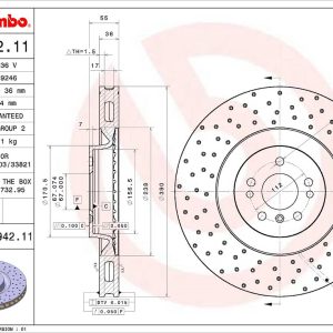 Brembo Brake Rotor, Vented Cross Drilled, One Piece Design, Wheel Bolt Pattern 5 X 112 Millimeter – 09C94211C02