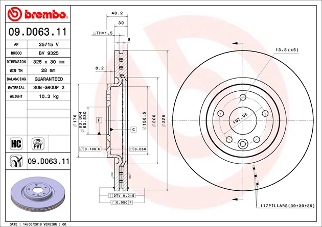 Brembo Brake Rotor, Vented, One Piece Design, Wheel Bolt Pattern 5 X 107.95 Millimeter – 09D06311C02