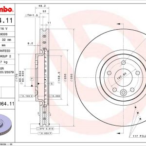 Brembo Brake Rotor, Vented, One Piece Design, Wheel Bolt Pattern 5 X 107.95 Millimeter – 09D06411C02