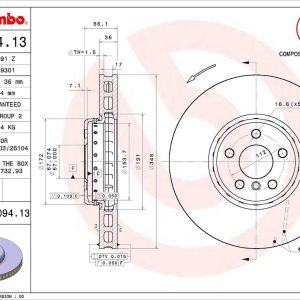 Brembo Brake Rotor, Vented, One Piece Design, Wheel Bolt Pattern 5 X 112 Millimeter – 09D09413C02