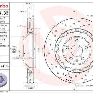 Brembo Brake Rotor, Prime, Vented Cross Drilled, One Piece Design, Wheel Bolt Pattern 5 X 112 Millimeter – 09D17433C02