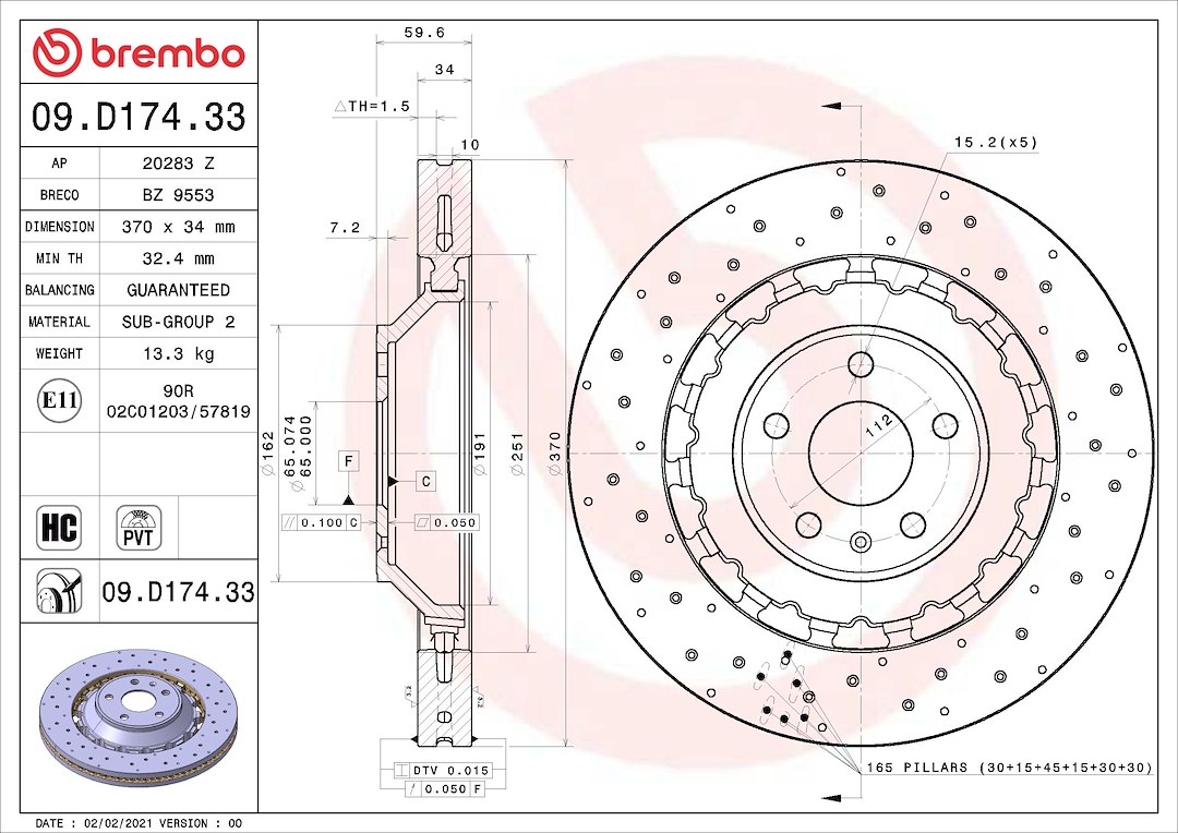 Brembo Brake Rotor, Prime, Vented Cross Drilled, One Piece Design, Wheel Bolt Pattern 5 X 112 Millimeter – 09D17433C02