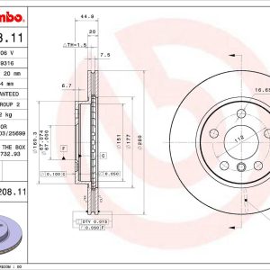 Brembo Brake Rotor, Vented, One Piece Design, Wheel Bolt Pattern 5 X 112 Millimeter – 09D20811C02