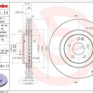 Brembo Brake Rotor, Vented, One Piece Design, Wheel Bolt Pattern 5 X 112 Millimeter – 09D23111C02