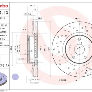 Brembo Brake Rotor, Xtra, Vented Cross Drilled, One Piece Design, Wheel Bolt Pattern 5 X 114.3 Millimeter – 09D2451XC02