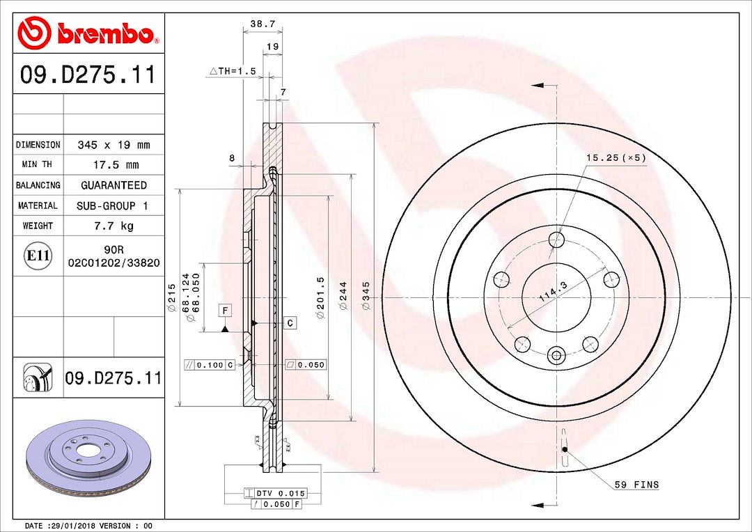 Brembo Brake Rotor, Vented, One Piece Design, Wheel Bolt Pattern 5 X 114.3 Millimeter – 09D27511C02