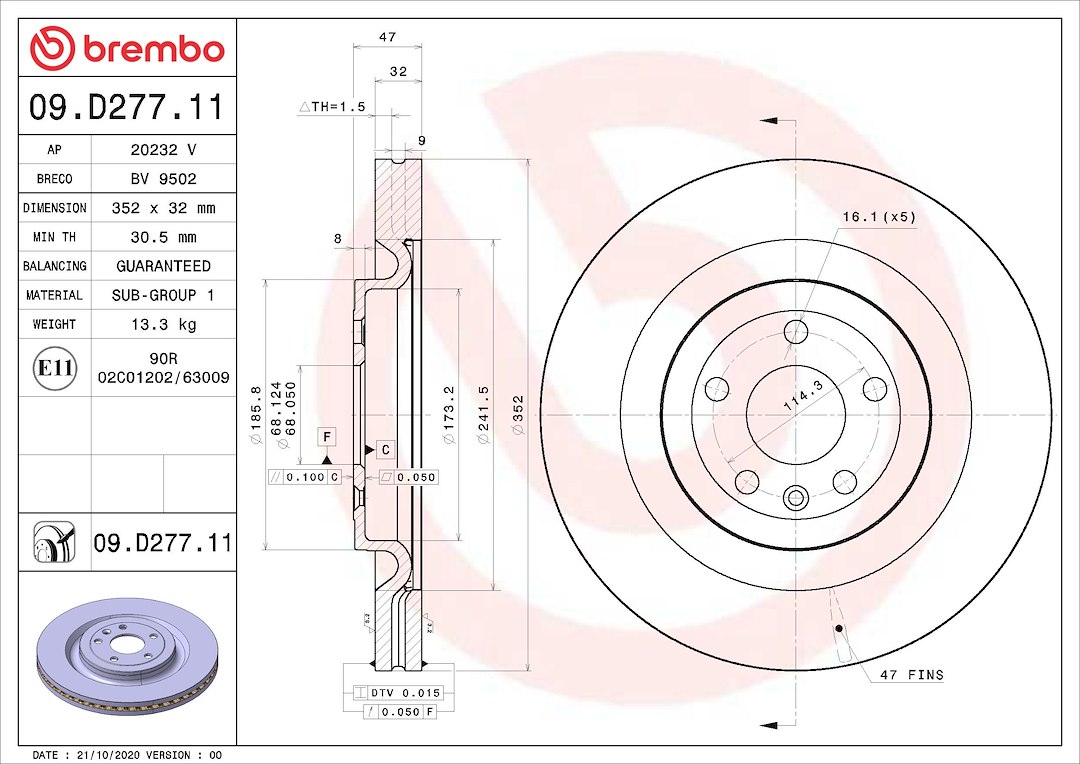 Brembo Brake Rotor, Prime, Vented, One Piece Design, Wheel Bolt Pattern 5 X 114.3 Millimeter – 09D27711C02