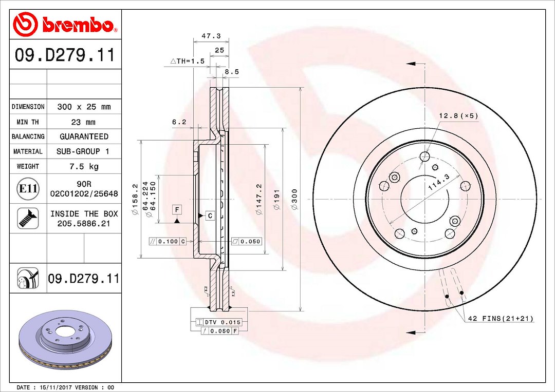 Brembo Brake Rotor, Vented, One Piece Design, Wheel Bolt Pattern 5 X 114.3 Millimeter – 09D27911C02