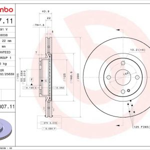 Brembo Brake Rotor, Prime, Vented, One Piece Design, Wheel Bolt Pattern 4 X 100 Millimeter – 09D30711C02