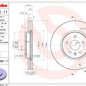 Brembo Brake Rotor, Vented, One Piece Design, Wheel Bolt Pattern 5 X 105 Millimeter – 09D39211C02