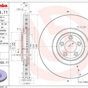 Brembo Brake Rotor, Vented, One Piece Design, Wheel Bolt Pattern 5 X 107.95 Millimeter – 09D43311C02