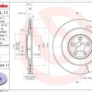 Brembo Brake Rotor, Vented, One Piece Design, Wheel Bolt Pattern 5 X 107.95 Millimeter – 09D43411C02