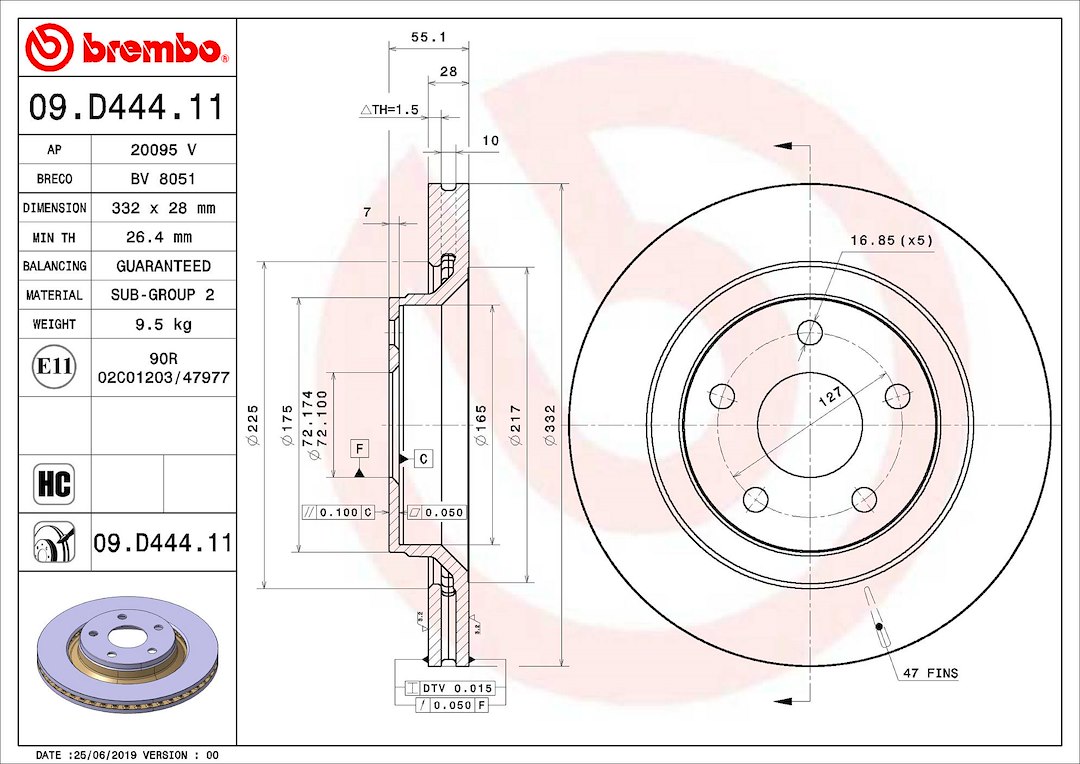 Brembo Brake Rotor, Vented, One Piece Design, Wheel Bolt Pattern 5 X 127 Millimeter – 09D44411C02