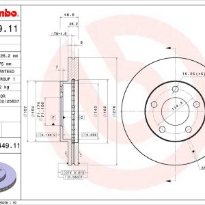 Brembo Brake Rotor, Vented, One Piece Design, 276 Millimeter Diameter X 46.6 Millimeter Height X 26.2 Millimeter Thickness – 09D44911C02