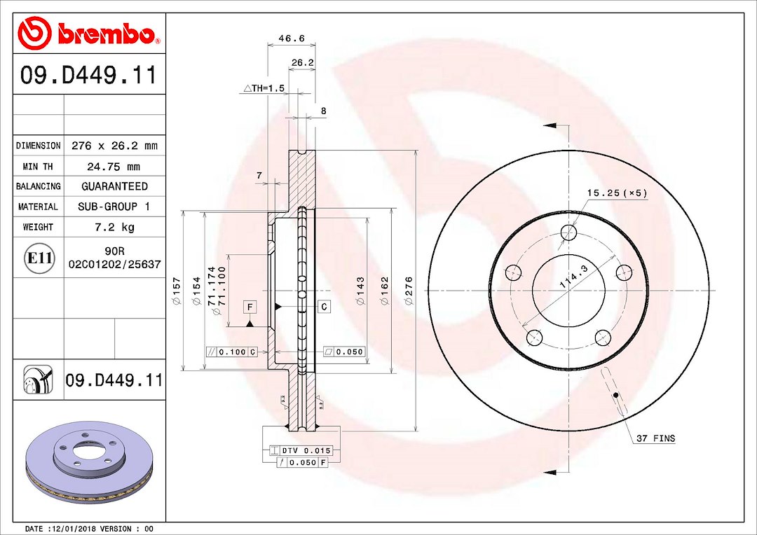 Brembo Brake Rotor, Vented, One Piece Design, 276 Millimeter Diameter X 46.6 Millimeter Height X 26.2 Millimeter Thickness – 09D44911C02