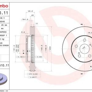 Brembo Brake Rotor, Prime, Vented, One Piece Design, Wheel Bolt Pattern 5 X 100 Millimeter – 09D51011C02