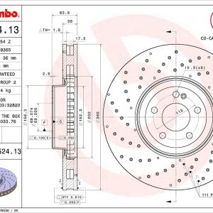 Brembo Brake Rotor, Vented Cross Drilled, One Piece Design, Wheel Bolt Pattern 5 X 112 Millimeter – 09D52413C02