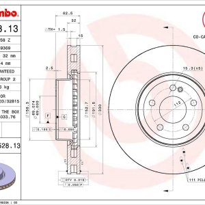 Brembo Brake Rotor, Vented, One Piece Design, Wheel Bolt Pattern 5 X 112 Millimeter – 09D52813C02