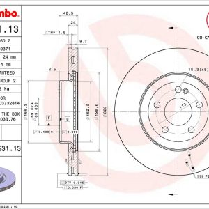 Brembo Brake Rotor, Vented, One Piece Design, Wheel Bolt Pattern 5 X 112 Millimeter – 09D53113C02