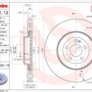 Brembo Brake Rotor, Vented, One Piece Design, Wheel Bolt Pattern 5 X 112 Millimeter – 09D53213C02