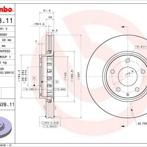 Brembo Brake Rotor, Vented, One Piece Design, Wheel Bolt Pattern 5 X 114.3 Millimeter – 09D62811C02