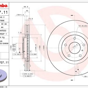 Brembo Brake Rotor, Vented, One Piece Design, Wheel Bolt Pattern 5 X 114.3 Millimeter – 09D70711C02