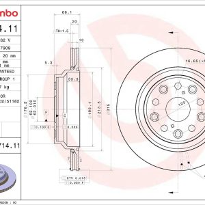 Brembo Brake Rotor, Prime, Vented, One Piece Design, Wheel Bolt Pattern 5 X 120 Millimeter – 09D71411C02