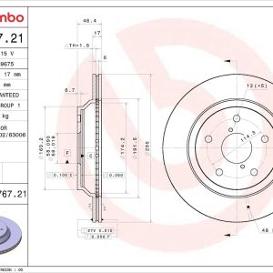 Brembo Brake Rotor, Prime, Vented, One Piece Design, Wheel Bolt Pattern 5 X 114.3 Millimeter – 09D76721C02