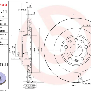 Brembo Brake Rotor, Prime, Vented, One Piece Design, Wheel Bolt Pattern 9 X 120 Millimeter – 09D77311C02