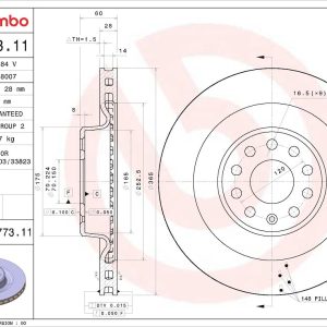 Brembo Brake Rotor, Prime, Vented, One Piece Design, Wheel Bolt Pattern 9 X 120 Millimeter – 09D77311C02