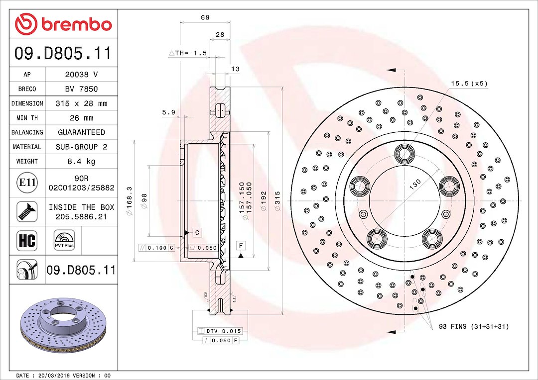 Brembo Brake Rotor, Prime, Vented Cross Drilled, One Piece Design, Wheel Bolt Pattern 5 X 130 Millimeter – 09D80511C02