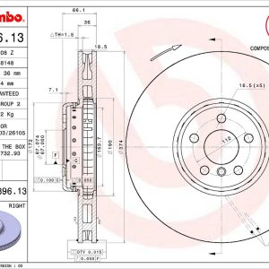 Brembo Brake Rotor, Vented, One Piece Design, Wheel Bolt Pattern 5 X 112 Millimeter – 09D89613C02