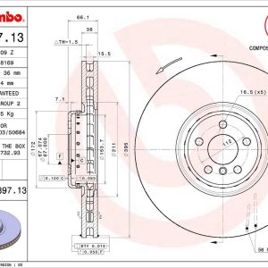 Brembo Brake Rotor, Vented, One Piece Design, Wheel Bolt Pattern 5 X 112 Millimeter – 09D89713C02