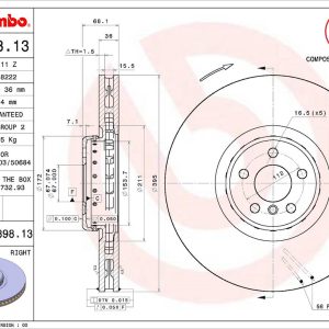 Brembo Brake Rotor, Vented, One Piece Design, Wheel Bolt Pattern 5 X 112 Millimeter – 09D89813C02