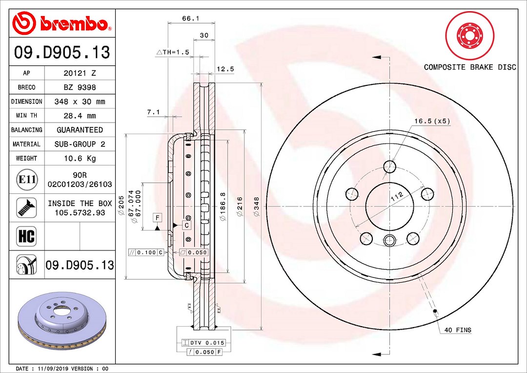 Brembo Brake Rotor, Vented, One Piece Design, Wheel Bolt Pattern 5 X 112 Millimeter – 09D90513C02