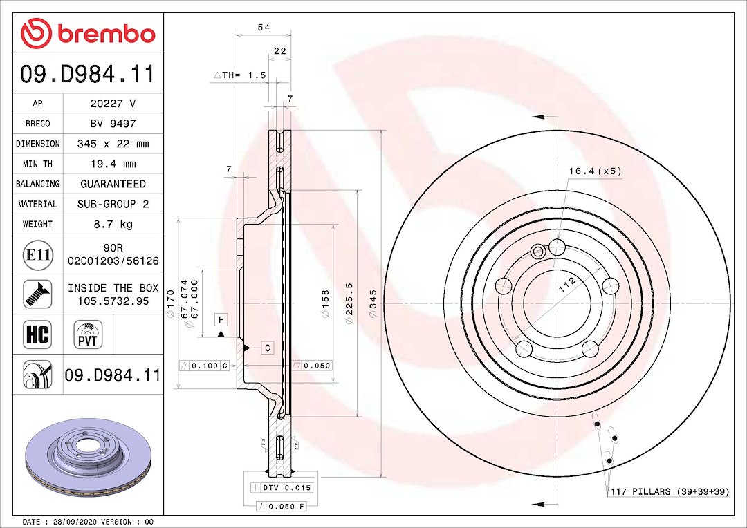 Brembo Brake Rotor, Prime, Vented, One Piece Design, Wheel Bolt Pattern 5 X 112 Millimeter – 09D98411C02