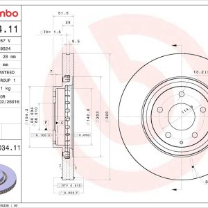 Brembo Brake Rotor, Prime, Vented, One Piece Design, Wheel Bolt Pattern 5 X 114.3 Millimeter – 09E03411C02