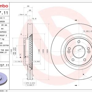 Brembo Brake Rotor, Prime, Vented, One Piece Design, Wheel Bolt Pattern 5 X 114.3 Millimeter – 09E23711C02