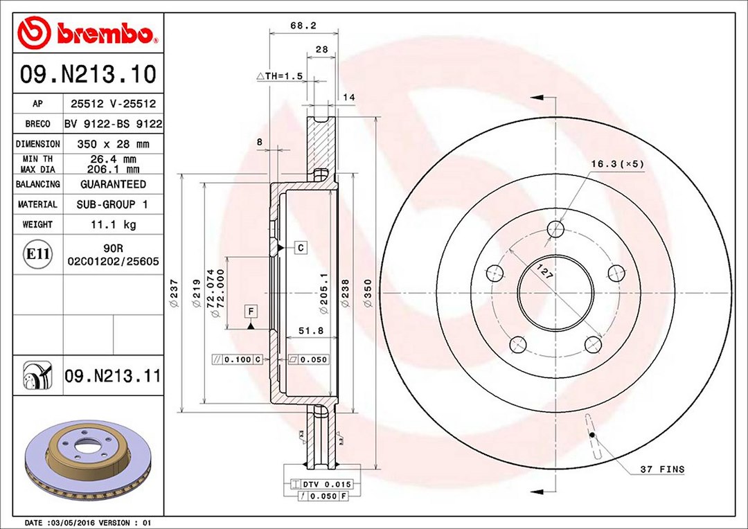 Brembo Brake Rotor, Vented, One Piece Design, Wheel Bolt Pattern 5 X 127 Millimeter – 09N21311C02