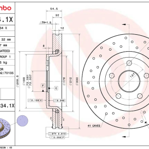 Brembo Brake Rotor, Xtra, Vented Cross Drilled, One Piece Design, Wheel Bolt Pattern 5 X 127 Millimeter – 09N2341XC02