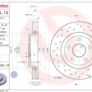 Brembo Brake Rotor, Xtra, Vented Cross Drilled, One Piece Design, Wheel Bolt Pattern 5 X 127 Millimeter – 09N2341XC02