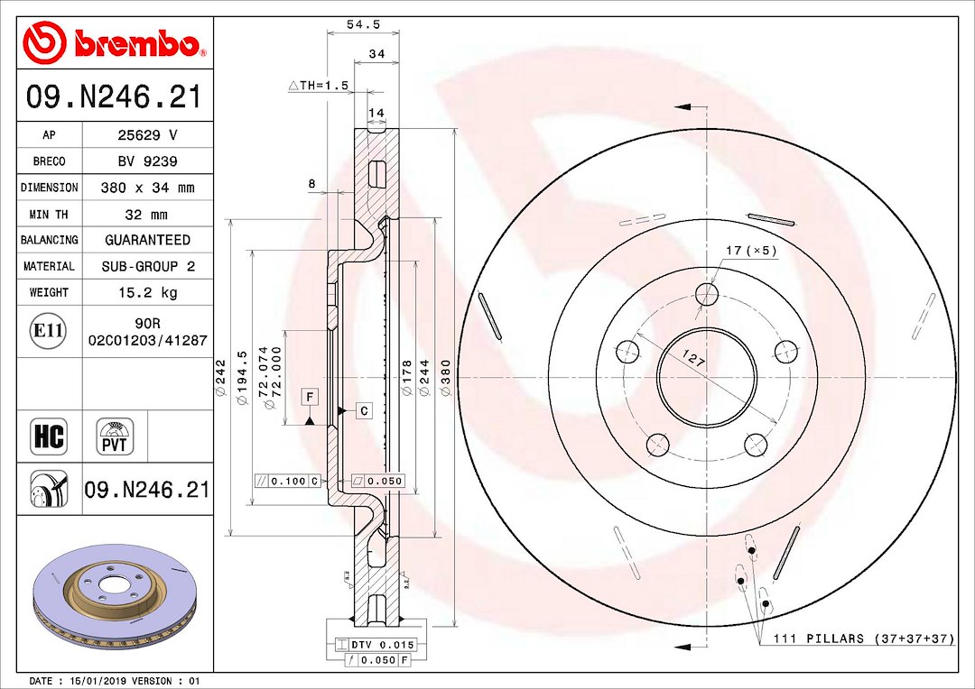 Brembo Brake Rotor, Vented, One Piece Design, Wheel Bolt Pattern 5 X 127 Millimeter – 09N24621C02