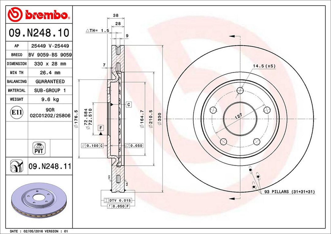 Brembo Brake Rotor, Vented, One Piece Design, Wheel Bolt Pattern 5 X 127 Millimeter – 09N24811C02