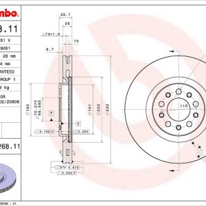 Brembo Brake Rotor, Vented, One Piece Design, Wheel Bolt Pattern 5 X 110 Millimeter – 09N26811C02