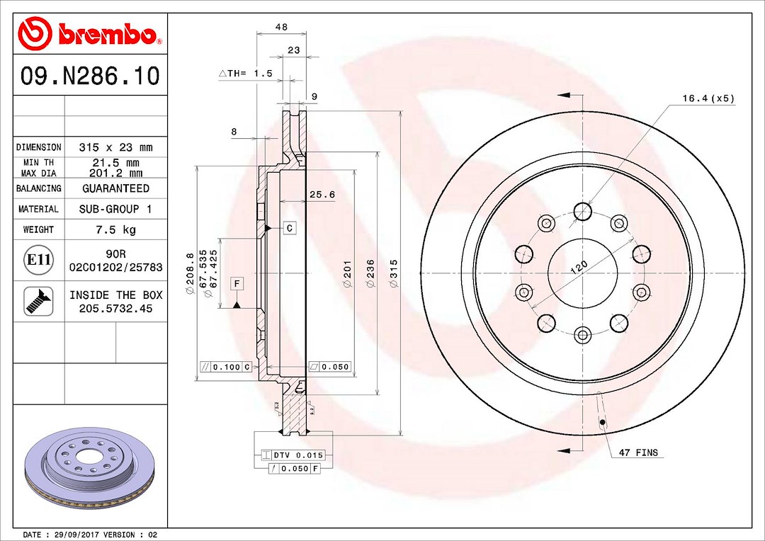 Brembo Brake Rotor, Vented, One Piece Design, Wheel Bolt Pattern 5 X 120 Millimeter – 09N28611C02